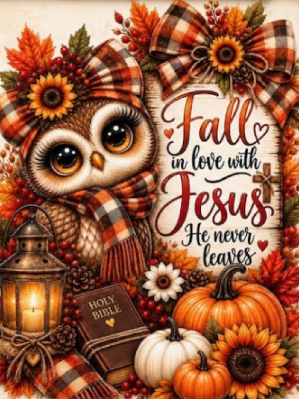 Fall Owl Wall Art Print with Pumpkins and Plaid Scarf 8x10 Print